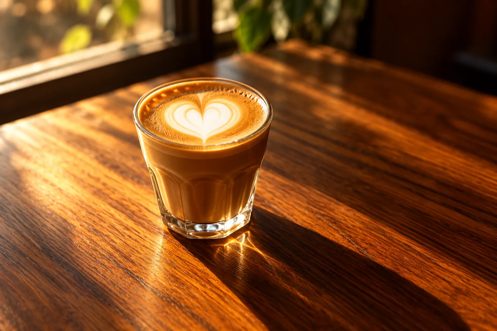 A cortado on the walnut bar
