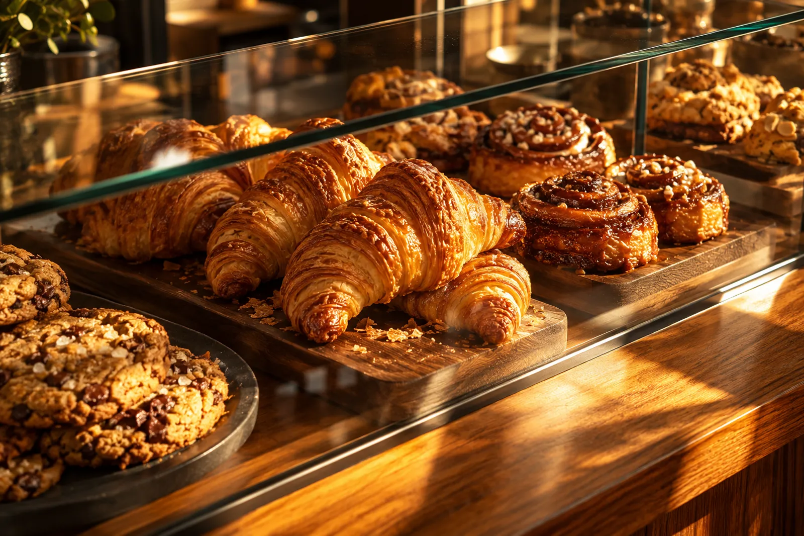 A pastry case full of croissants and cinnamon buns