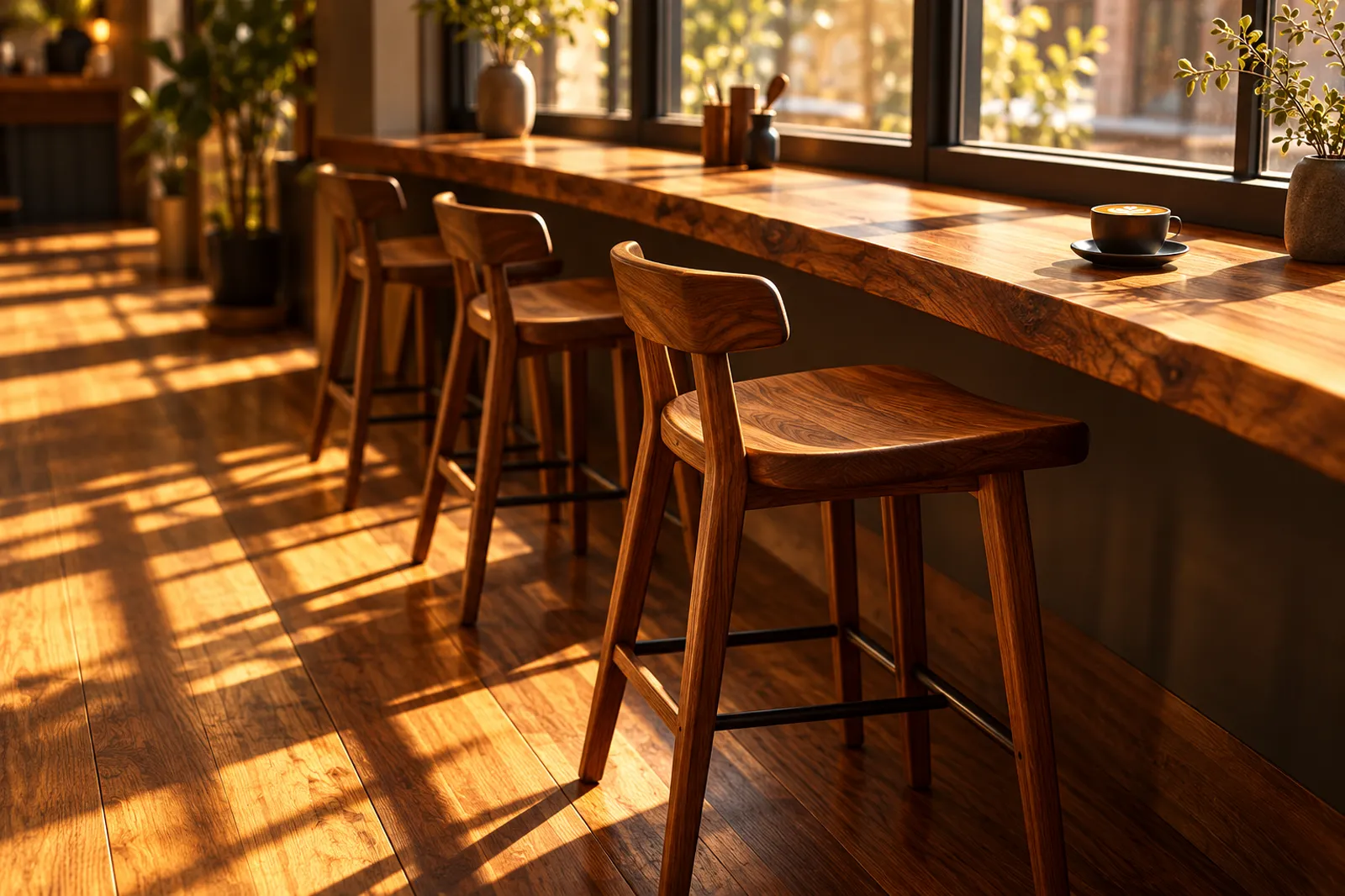 Walnut stools along the window counter in morning sun